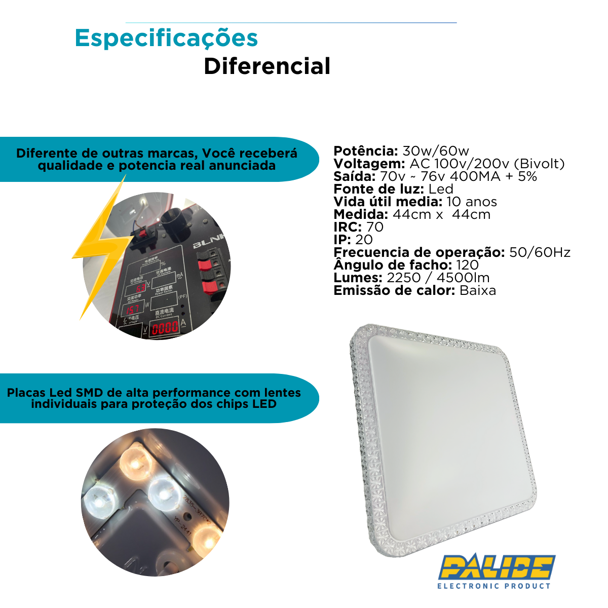 Lustre Plafon Cristal Led 44x44 30-60w Multicor Sobrepor Quadrado