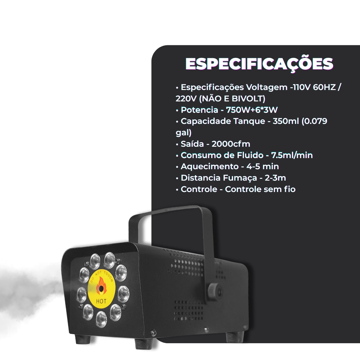 Máquina de Fumaça 9 LEDs 750w Rgb Com Strobo Controle Sem Fio