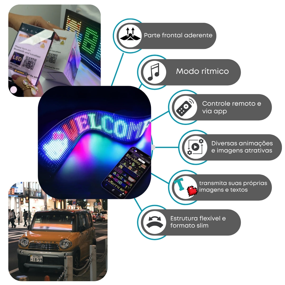 Painel LED Matrix Flexível e aderente Letreiro luminoso Bluetooth