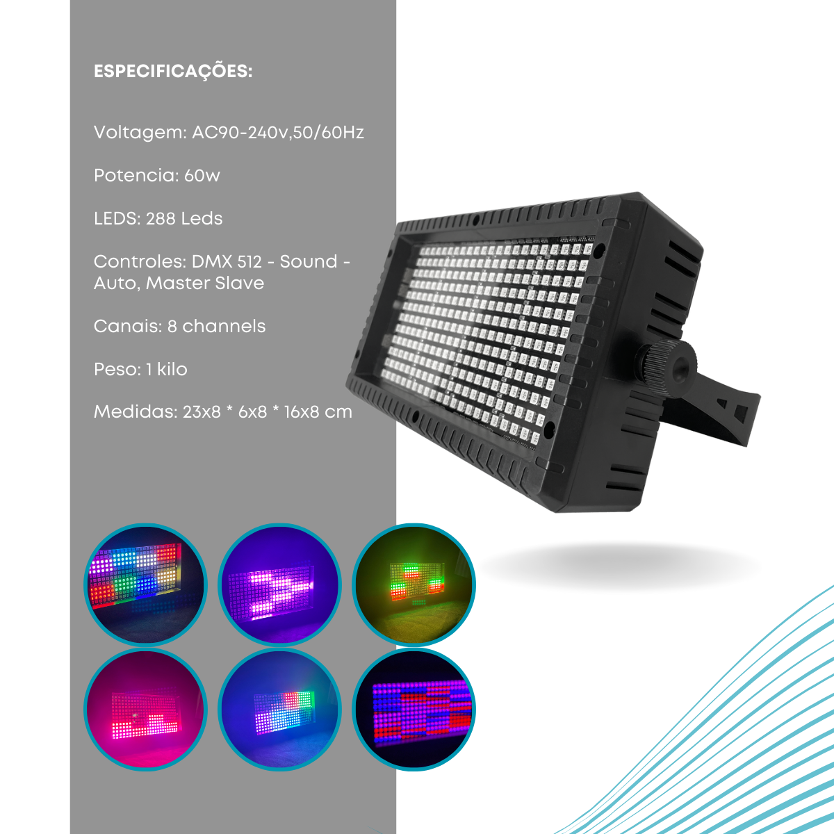 Mini Painel Strobo RGB 60w multi efeitos Dmx com controle sem fio