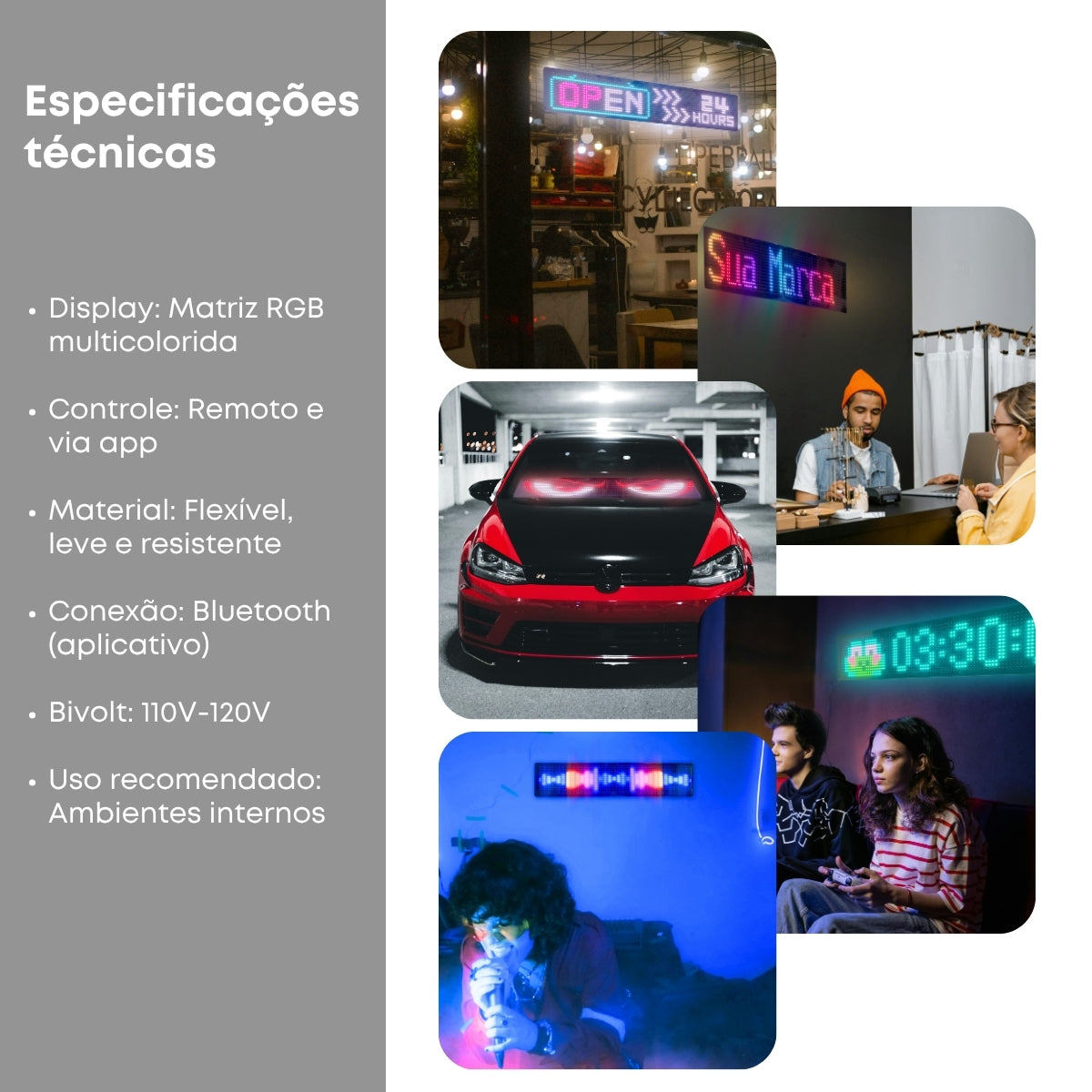 Painel LED Matrix Flexível e aderente Letreiro luminoso Bluetooth