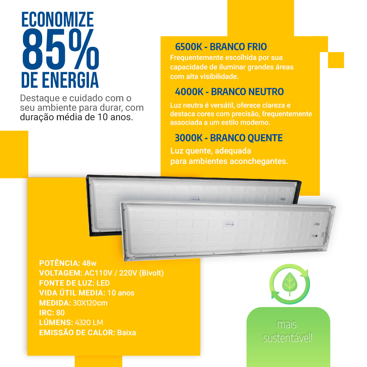 Painel Led 30x120 48w Sobrepor Retangular Luminária
