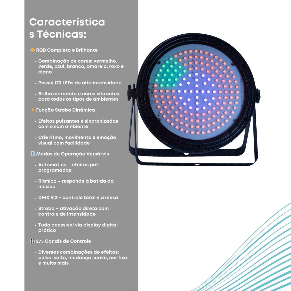 Canhão Refletor Rgb 173 Led Smd Digital Dmx 80w Strobo