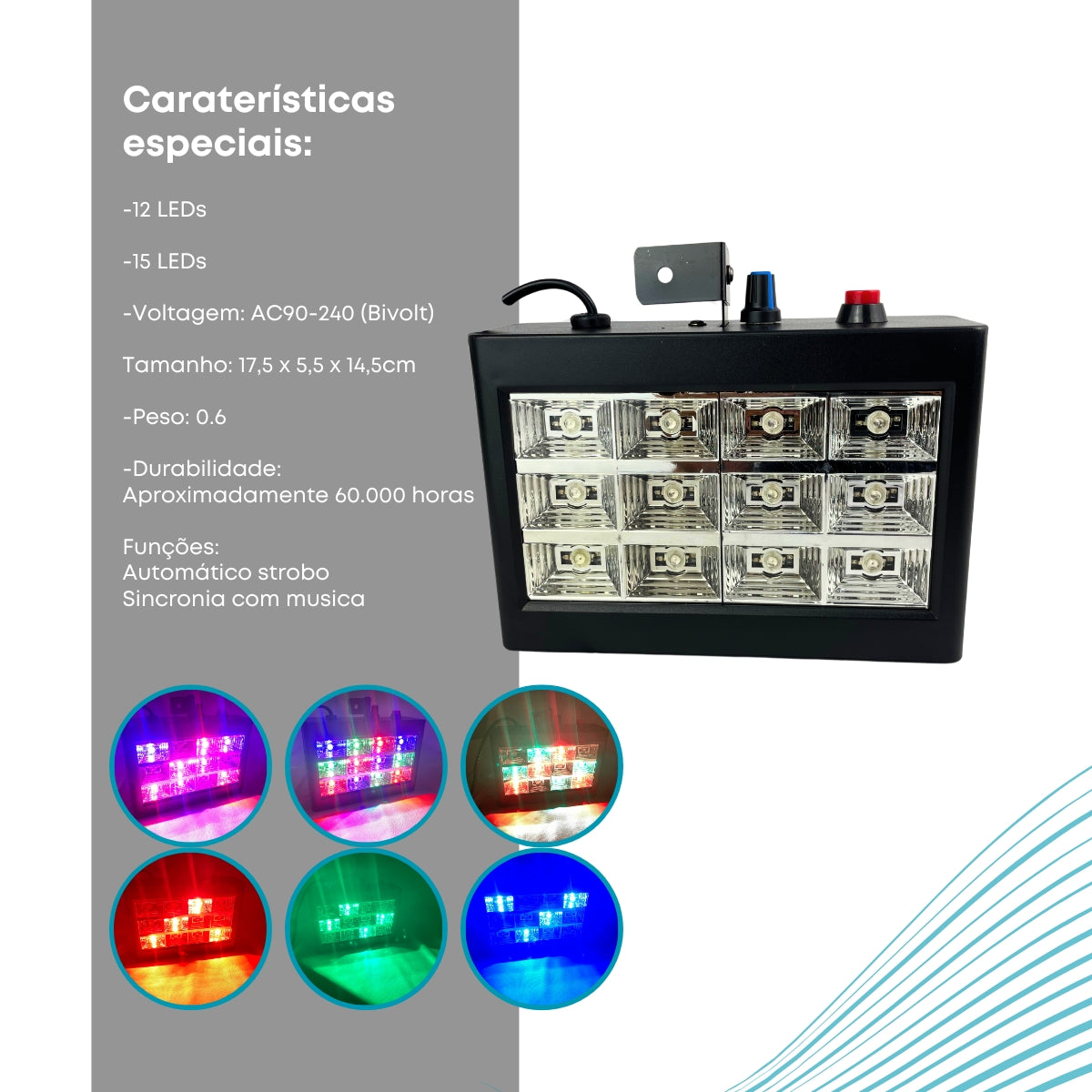 Strobo 12 Leds RGB 15w Room Sensor Rítmico