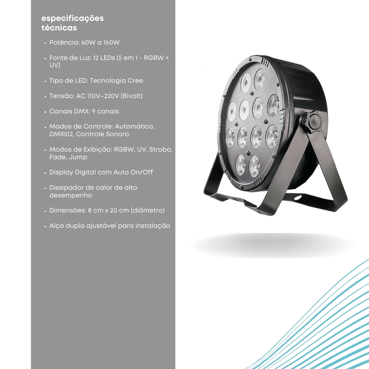 Canhão Refletor 12 Leds RgbW e efeito UV Dmx Dj 5 em 1 Profissional