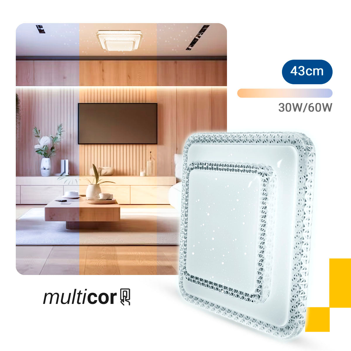 Lustre Plafon Cristal Led 43x43 30w-60w Multicor Sobrepor Quadrado