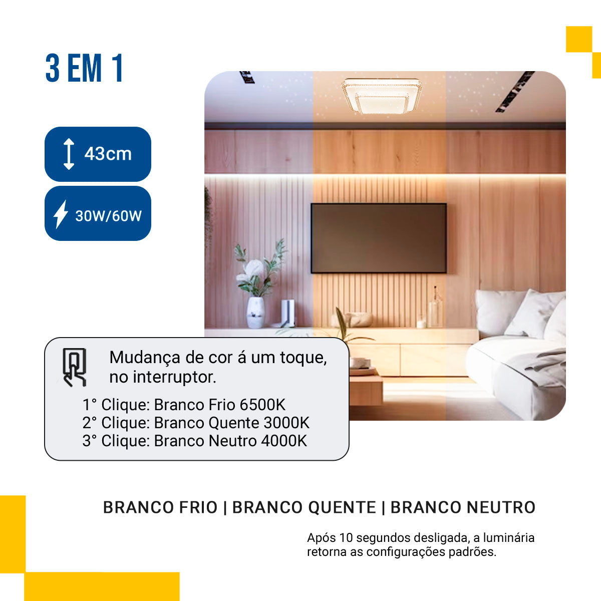 Lustre Plafon Cristal Led 43x43 30w-60w Multicor Sobrepor Quadrado