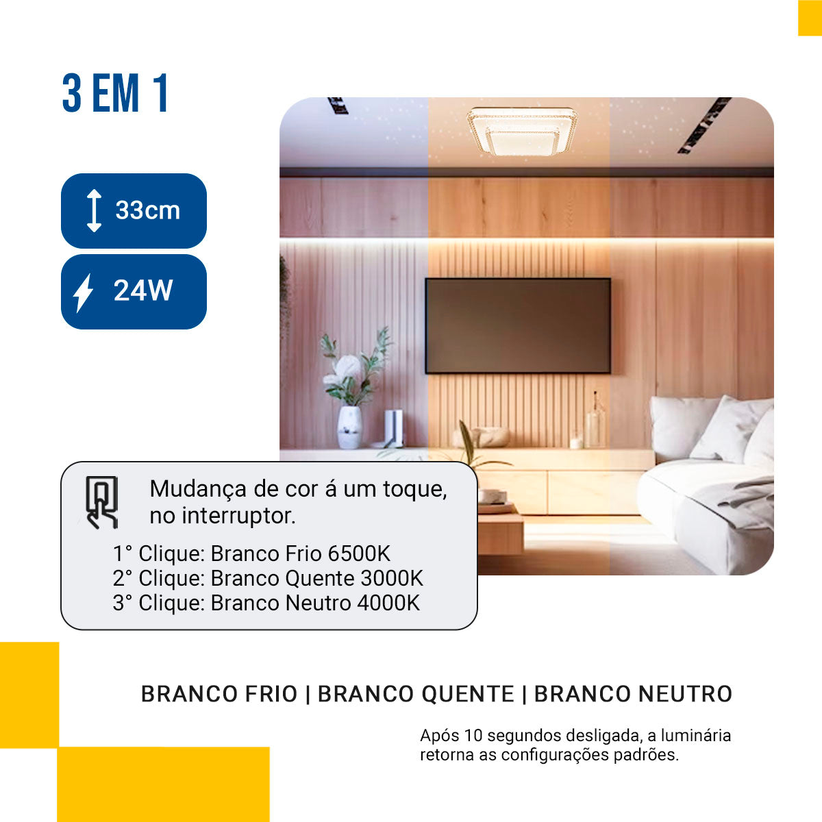 Lustre Plafon Led Cristal Duplo 33x33 24w Multicor Sobrepor Quadrado