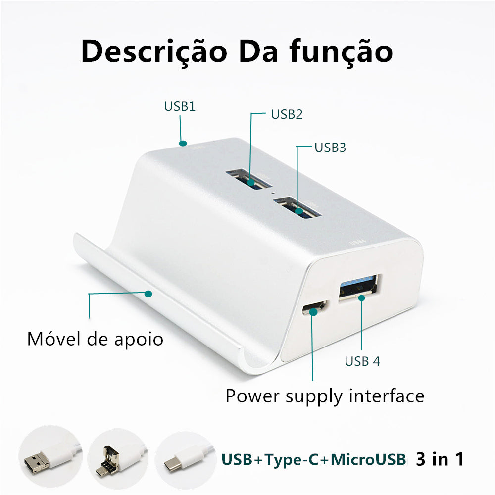 Hub Usb +suporte Para Celular Usb-c + Usb + Micro Usb 3 In 1