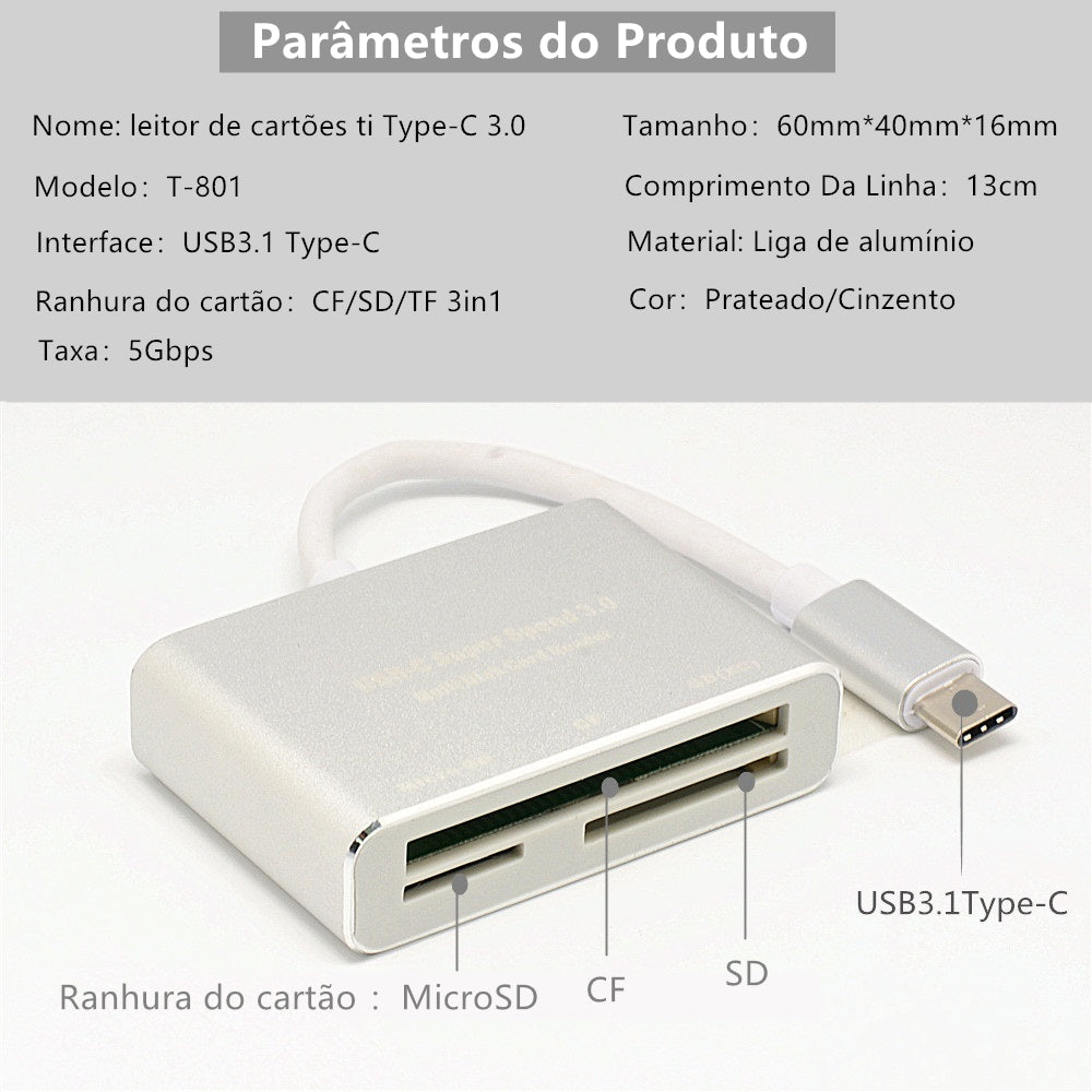 Tipo C Otg 3.0 Para Tf Sd Cf Cartões Leitor Adaptador Alumin