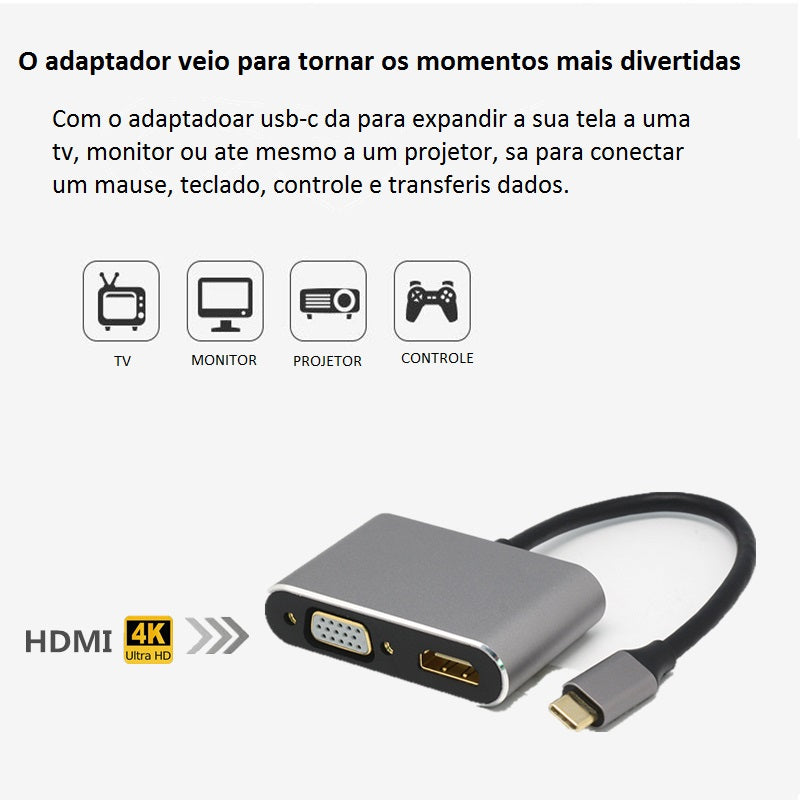 Adaptador Usb-c Para Hdmi + Vga + Usb-c + Usb 3.0 4em1 T-917