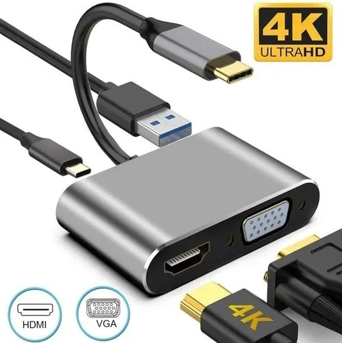 Adaptador Usb-c Para Hdmi + Vga + Usb-c + Usb 3.0 4em1 T-917