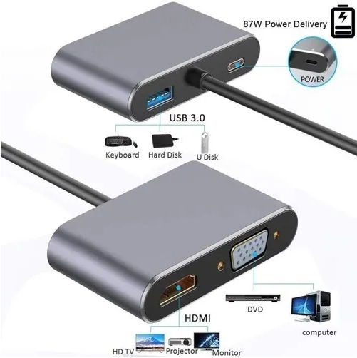 Adaptador Usb-c Para Hdmi + Vga + Usb-c + Usb 3.0 4em1 T-917
