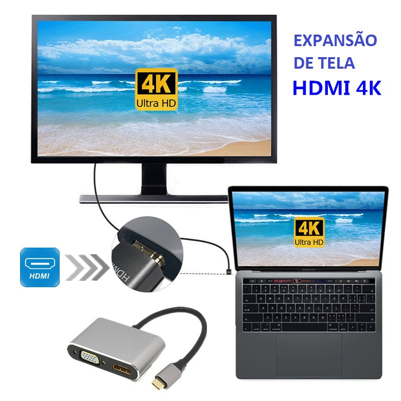 Adaptador Usb-c Para Hdmi + Vga + Usb-c + Usb 3.0 4em1 T-917