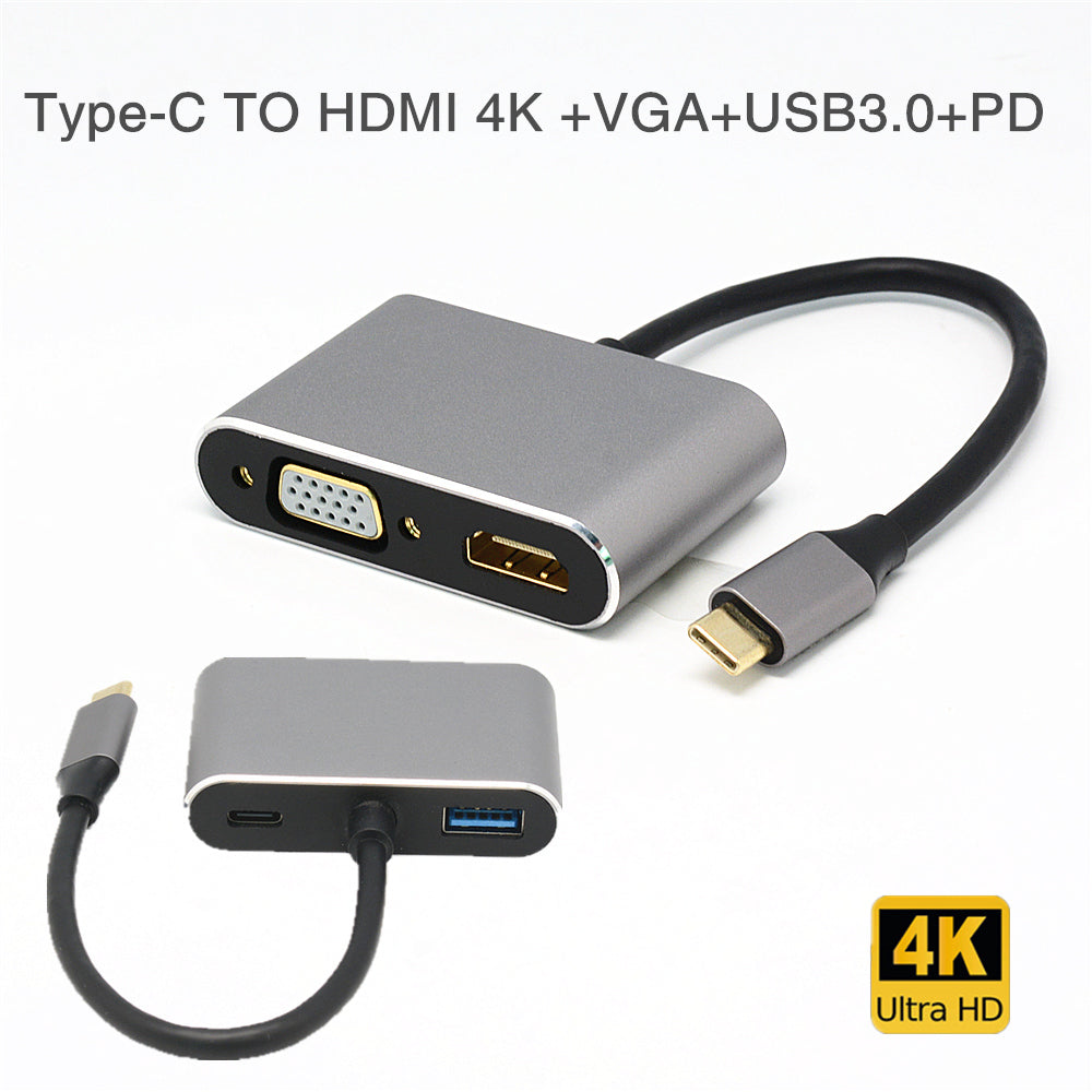 Adaptador Usb-c Para Hdmi + Vga + Usb-c + Usb 3.0 4em1 T-917