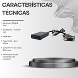 Cabo Conversor VGA para HDMI F3 com Áudio P2 e Alimentação USB – Full HD 1080p