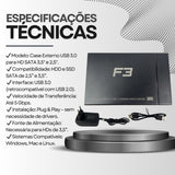Case Gaveta Externa F3 USB 3.0 – Combo 2 em 1 para HD/SSD SATA 2.5" e 3.5"